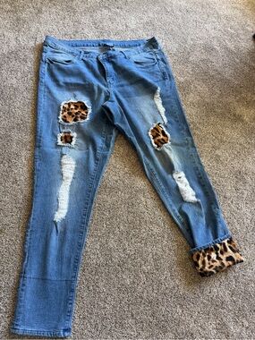 Vanity Blue Distressed Boyfriend Jeans with Leopard Trim
